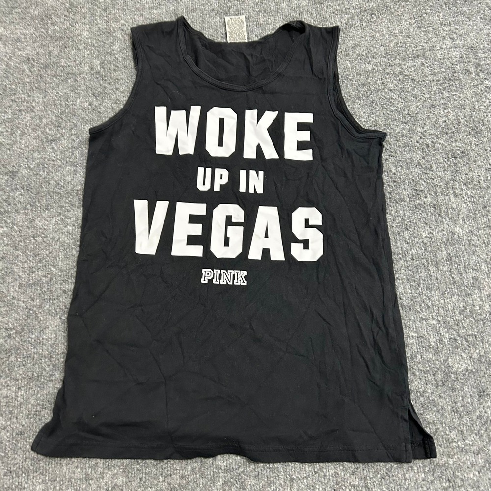 PINK Tank Top Womens XS Black Woke Up In Vegas Graphic Cotton Sleeveless Casual